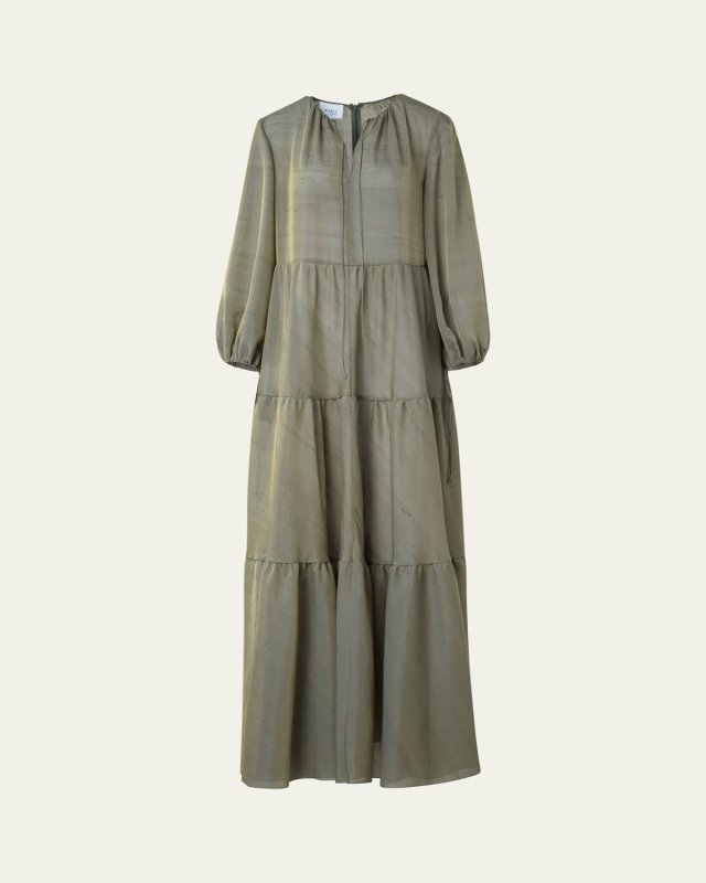 Long-Sleeve Tiered Silk Batiste A-Line Maxi Dress